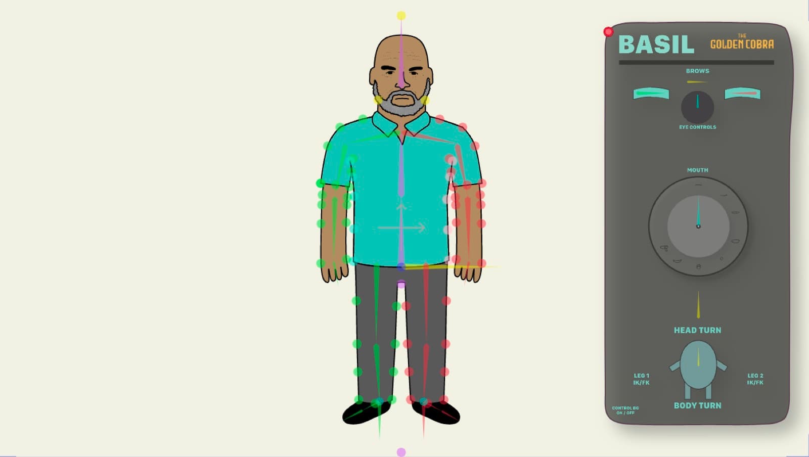 Character rig with animation controls for Basil