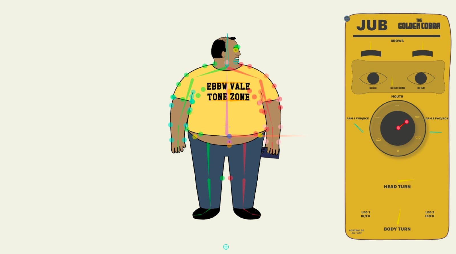 Side-view character rig with animation controls for Jub