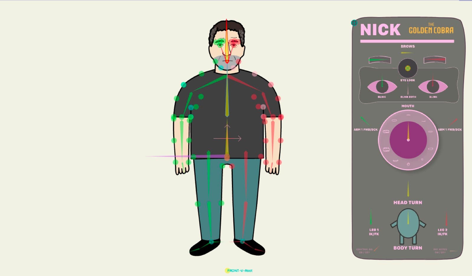Front-view character rig with animation controls for Nick