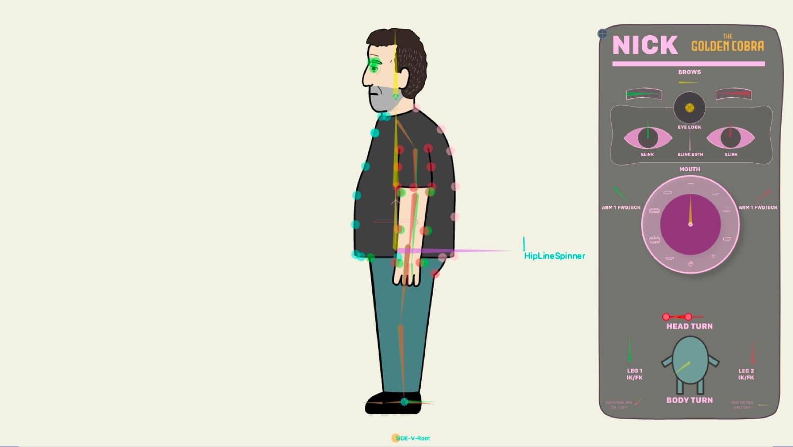 Side-view character rig with animation controls for Nick